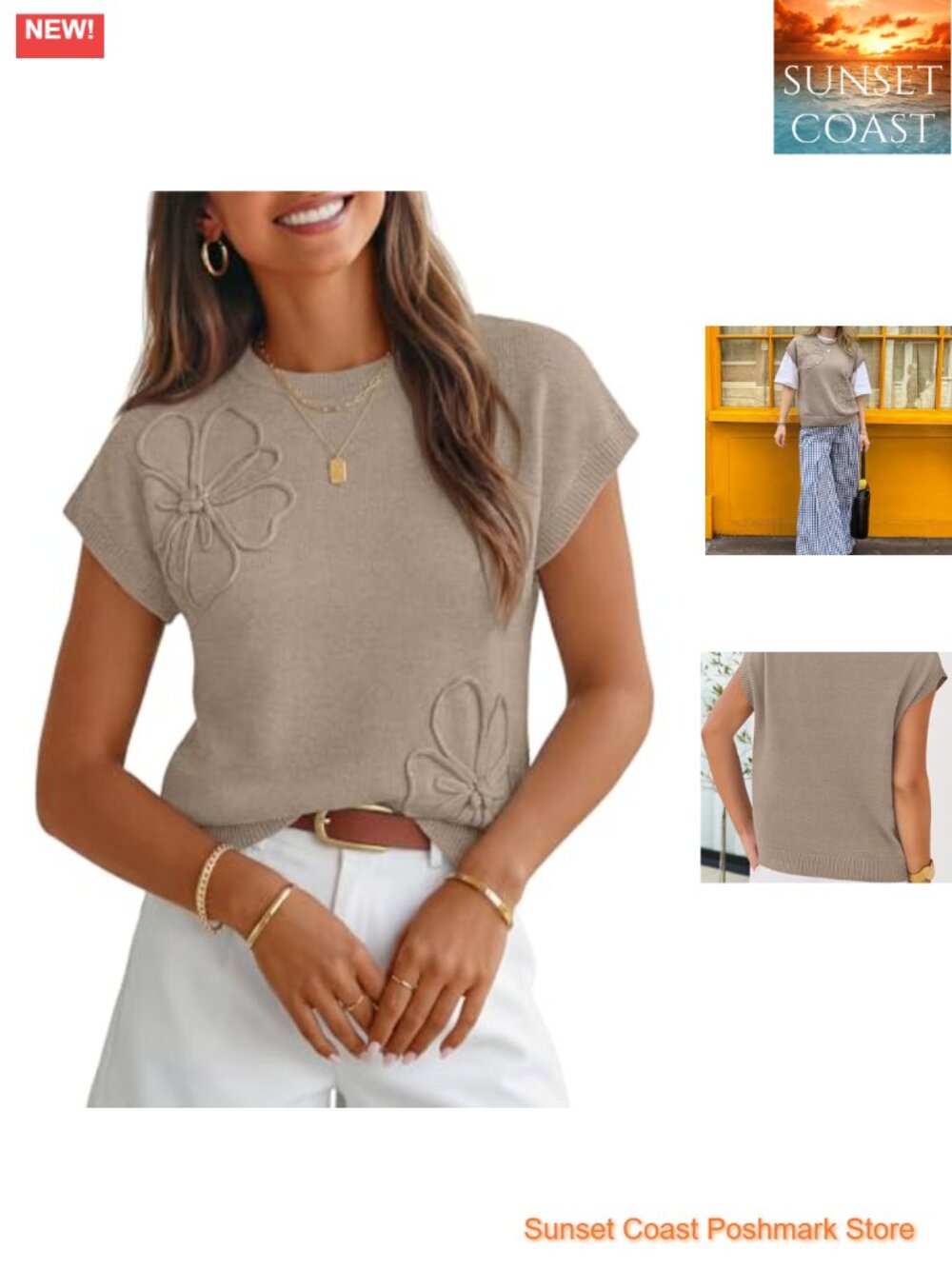Womens Floral Sweater Vest Short Sleeve Knit Pullover Work Top